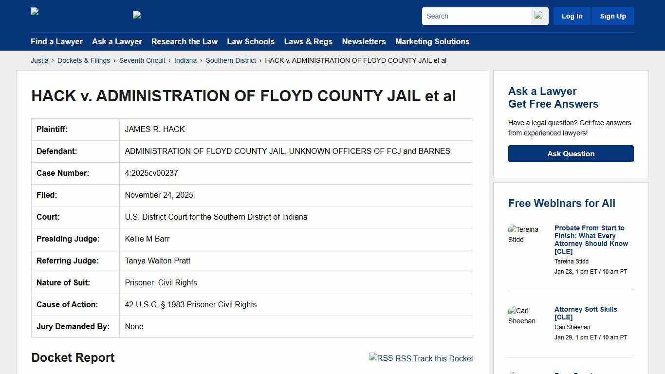 HACK v. ADMINISTRATION OF FLOYD COUNTY JAIL et al 4:2025cv00237 U.S. District Court for the Southern District of Indiana Justia